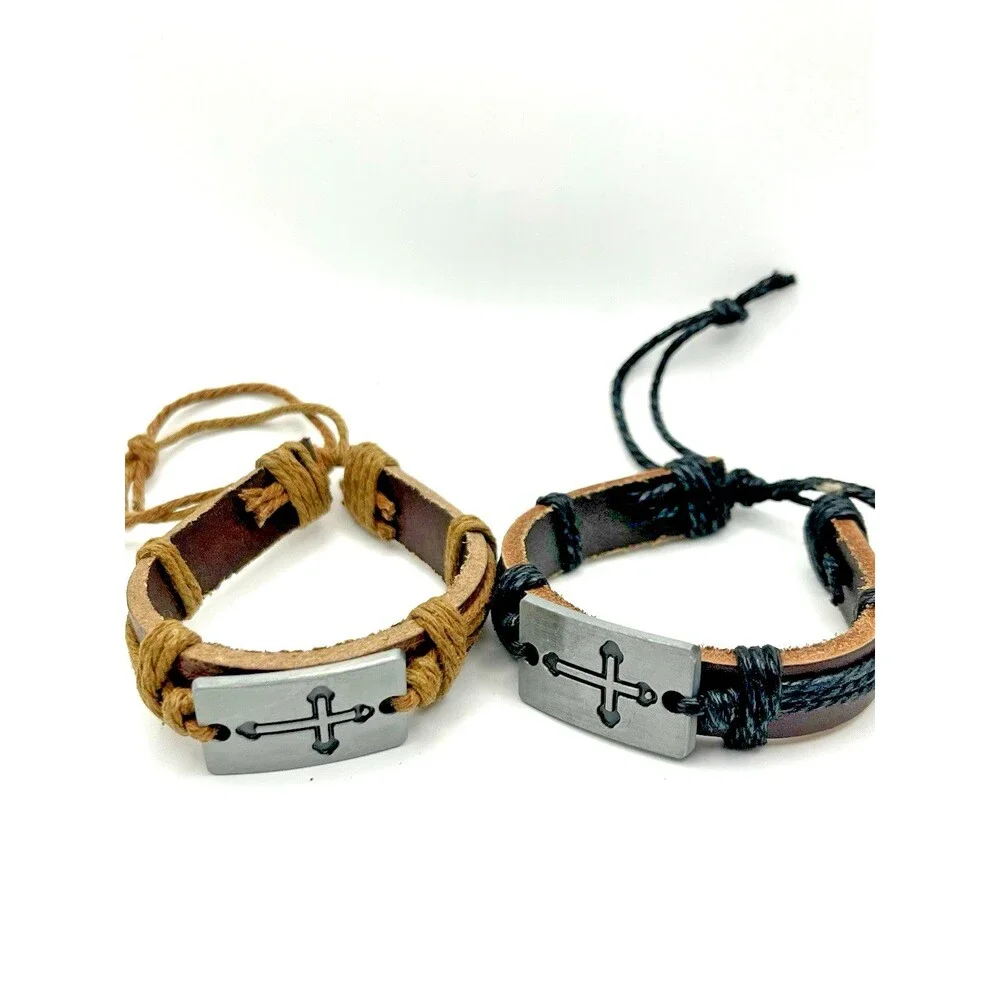 Lot of 2 Faux Leather Cross Adjustable Bracelet Set Dark Brown & Light Brown